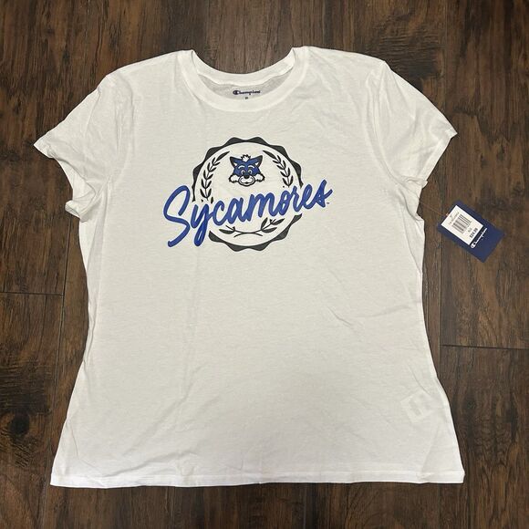Indiana State SYCAMORES Champion T Shirt White Blue logo Women XL NWT - Picture 1 of 7